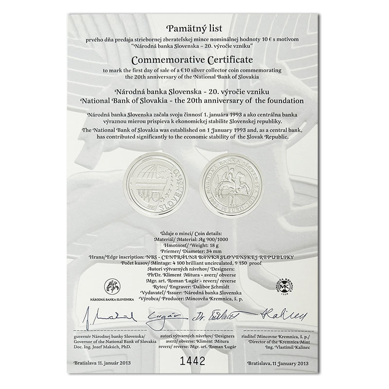 Pamätný list 10 EURO/2013 - Národná banka Slovenska – 20. výročie vzniku