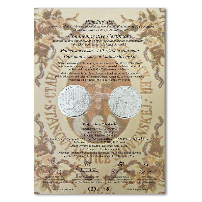 Pamätný list 10 EURO/2013 - Matica slovenská - 150. výročie