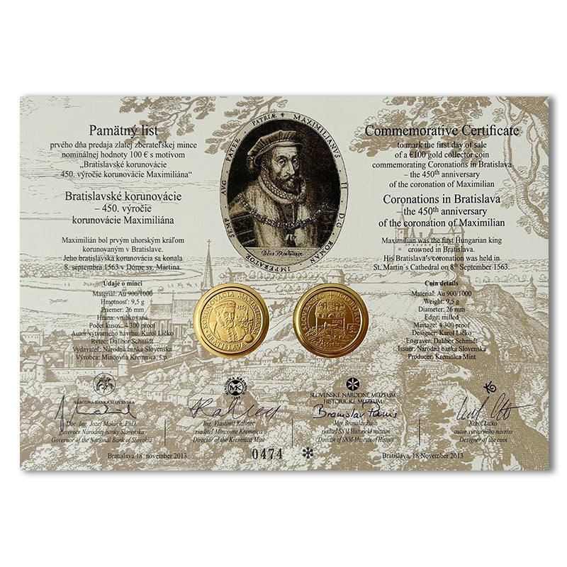 Pamätný list 100 Euro/2013 - Maximilián – 450. výročie korunovácie v Bratislave