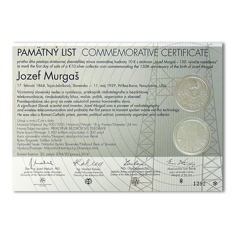Pamätný list 10 EURO/2014 - Jozef Murgaš – 150. výročie narodenia