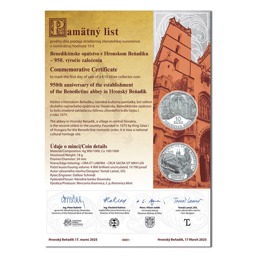 Pamätný list 10 EURO/2025 - Benediktínske opátstvo v Hronskom Beňadiku - 950. výročie založenia