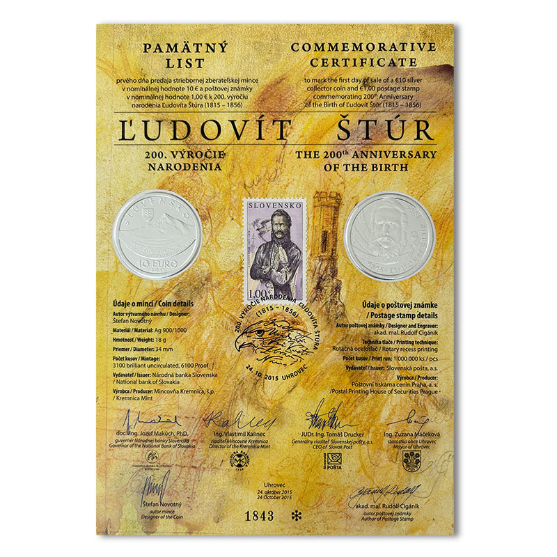 Pamätný list 10 EURO/2015 - Ľudovít Štúr - 200. výročie narodenia