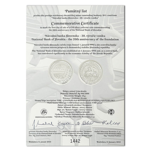 Pamätný list 10 EURO/2013 - Národná banka Slovenska – 20. výročie vzniku