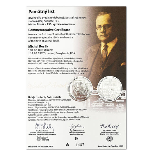 Pamätný list 10 EURO/2019 - Michal Bosák - 150. výročie narodenia