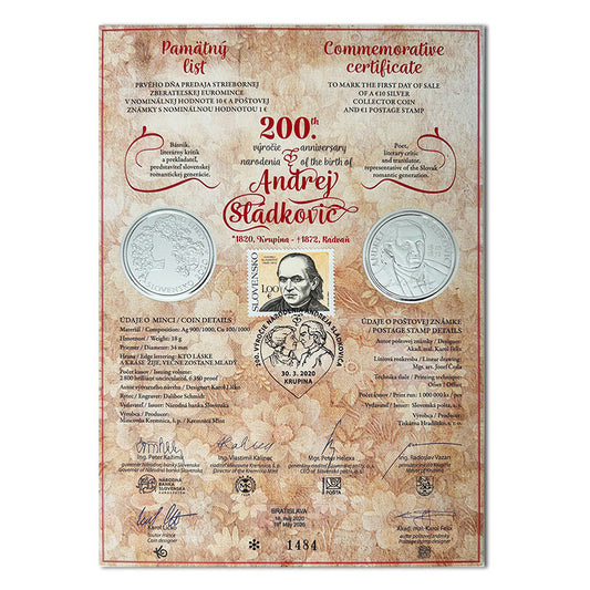 Pamätný list 10 EURO/2020 - Andrej Sládkovič - 200. výročie narodenia