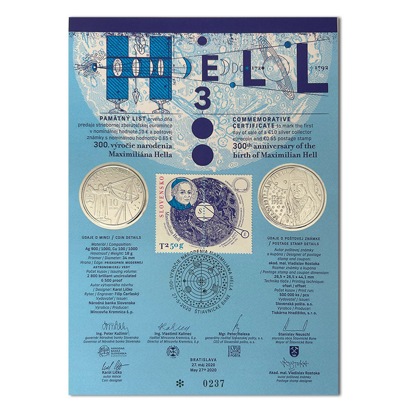 Pamätný list 10 EURO/2020 - Maximilián Hell - 300. výročie narodenia