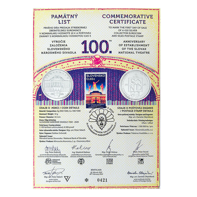 Pamätný list 10 EURO/2020 - Slovenské národné divadlo - 100. výročie založenia