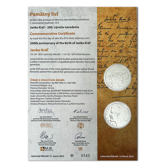 Pamätný list 10 EURO/2022 - Janko Kráľ - 200. výročie narodenia