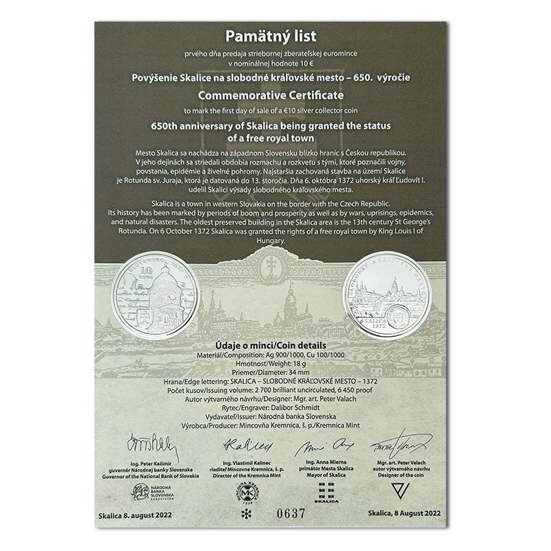 Pamätný list 10 EURO/2022 - Povýšenie Skalice na slobodné kráľovské mesto - 650. výročie