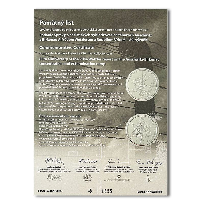 Pamätný list 10 EURO/2024 - Podania Správy o nacistických vyhladzovacích táboroch Auschwitz a Birkenau Alfrédom Wetzlerom a Rudolfom Vrbom - 80. výročie