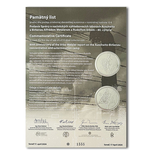 Pamätný list 10 EURO/2024 - Podania Správy o nacistických vyhladzovacích táboroch Auschwitz a Birkenau Alfrédom Wetzlerom a Rudolfom Vrbom - 80. výročie
