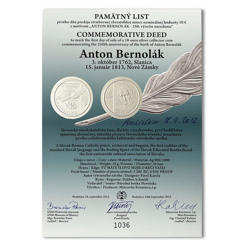 Pamätný list 10 EURO/2012 - Anton Bernolák – 250. výročie narodenia