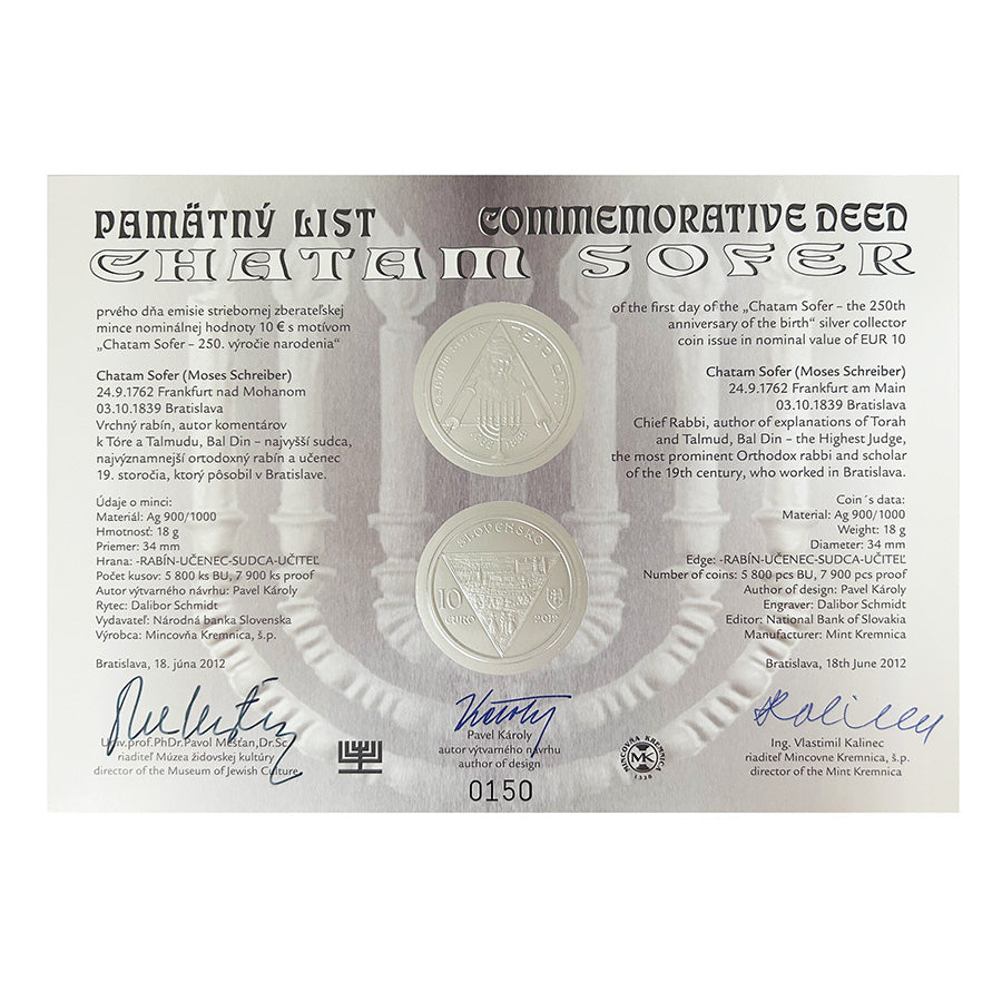 Pamätný list 10 EURO/2012 - Chatam Sofer – 250. výročie narodenia