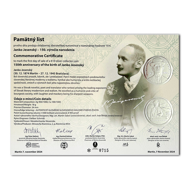 Pamätný list 10 EURO/2024 - Janko Jesenský - 150. výročie narodenia
