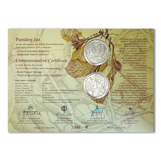 Pamätný list 10 EURO/2015 - Karpatské bukové pralesy - Svetové prírodné dedičstvo