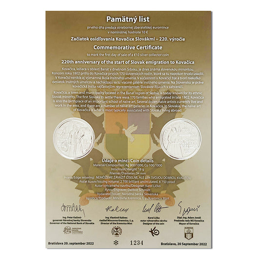 Pamätný list 10 EURO/2022 - Začiatok osídľovania Kovačice Slovákmi - 220. výročie