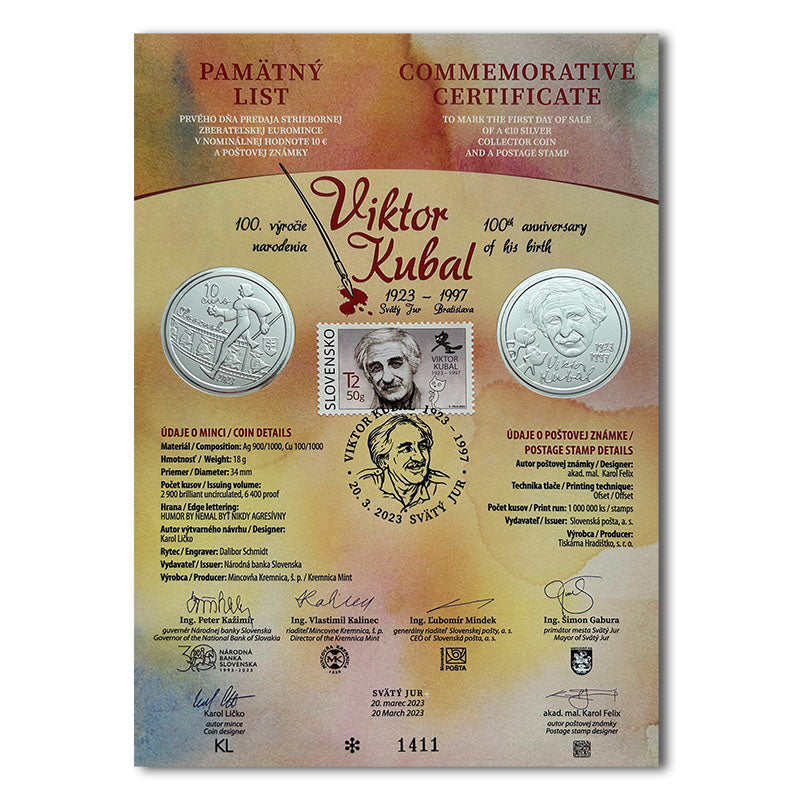 Pamätný list 10 EURO/2023 - Viktor Kubal - 100. výročie narodenia