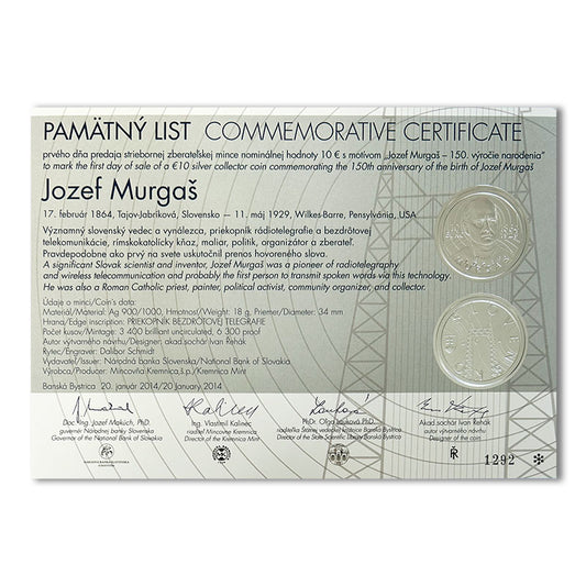 Pamätný list 10 EURO/2014 - Jozef Murgaš – 150. výročie narodenia