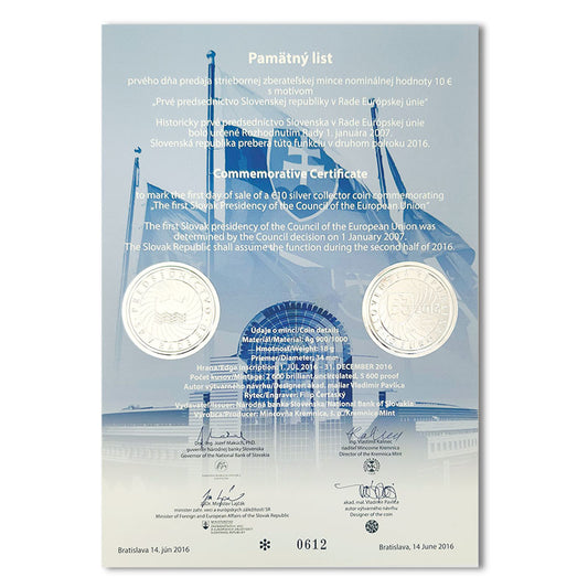 Pamätný list 10 EURO/2016 - Prvé predsedníctvo Slovenskej republiky v Rade Európskej únie