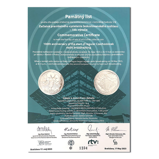 Pamätný list 10 EURO/2023 - Začiatok pravidelného vysielania československého rozhlasu - 100. výročie