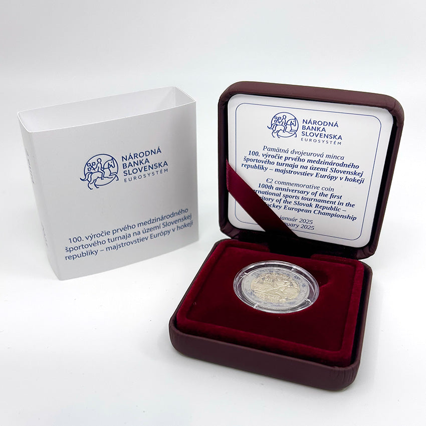 2 EURO/2025 - Majstrovstvá Európy v hokeji - 100. výročie prvého medzinárodného športového turnaja na území SR - proof like