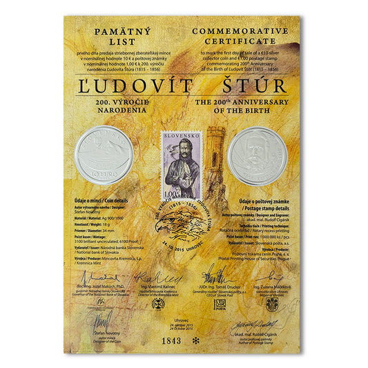 Pamätný list 10 EURO/2015 - Ľudovít Štúr - 200. výročie narodenia