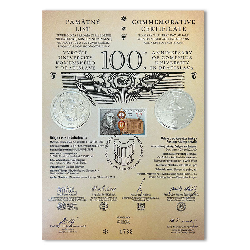 Pamätný list 10 EURO/2019 - Univerzita Komenského v Bratislave - 100. výročie vzniku