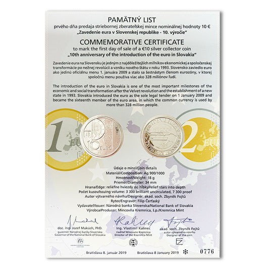 Pamätný list 10 EURO/2019 - Zavedenie eura v Slovenskej republike - 10. výročie